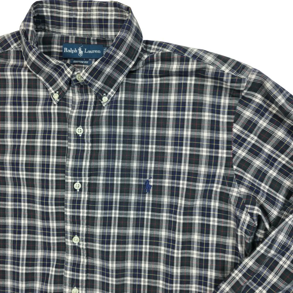 Ralph‎ Lauren Mens XL Custom Fit Plaid Button Down Shirt Navy Blue Green Cotton